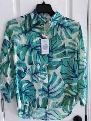Women's Blue Island Tropical Top Button Up Shirt Size Xs NWT Beach Vacation