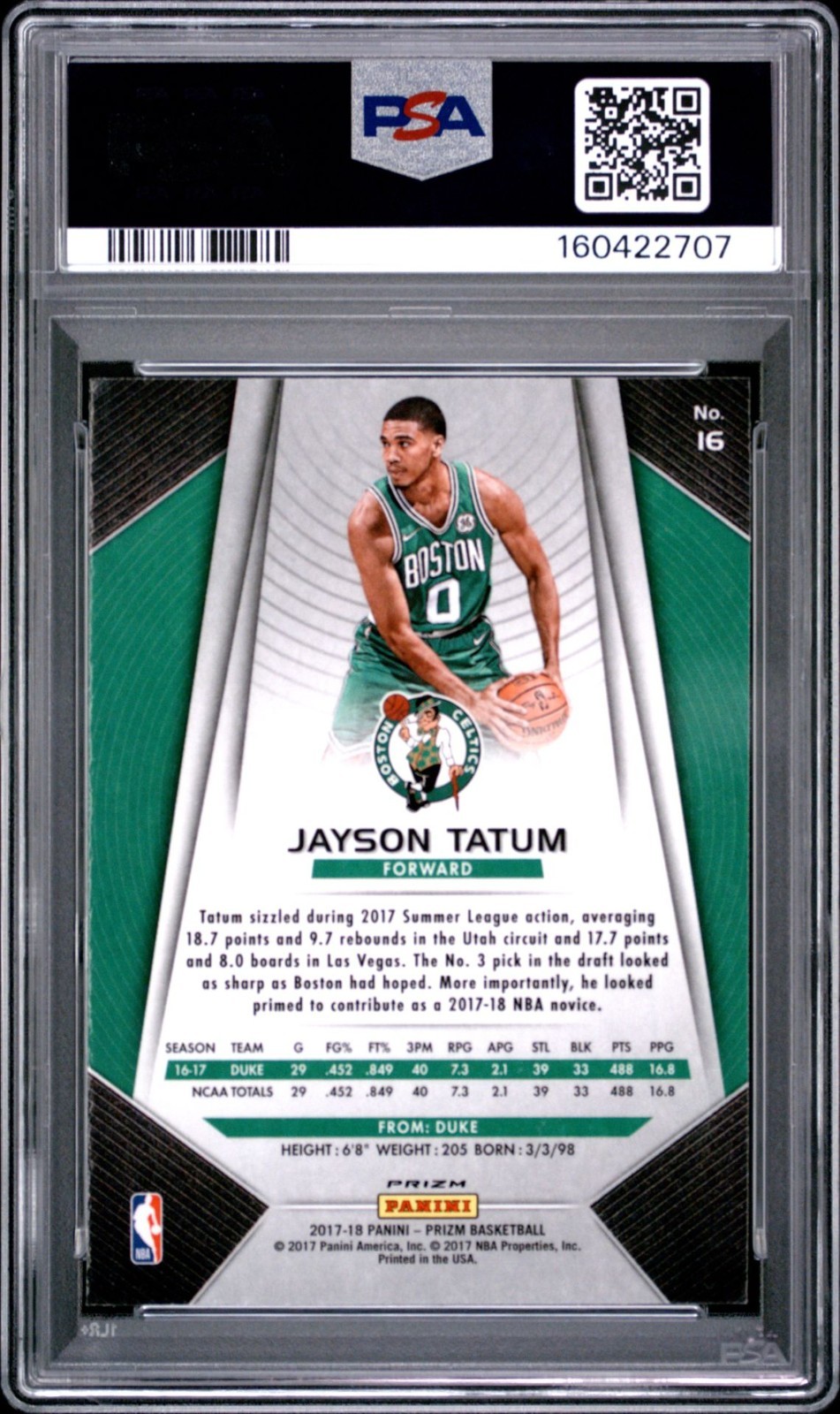 2017-18 Panini Prizm Jayson Tatum Green Prizm Rookie #16 Boston Celtics PSA 9 view 2