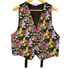 Vintage 90's Looney Tunes Vest Women OS Black Multi Color Graphic Print V-Neck