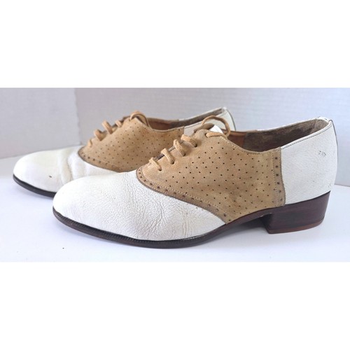 Vintage 70s Wild Pair Two Tone Saddle Shoes White Leather Tan Suede Oxfords 8.5D - Image 1