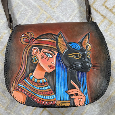 Handmade Brown Women s Hand-Painted Egyptian Cat Shoulder Bag Adjustable Strap