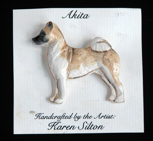 Artisan Handcrafted Porcelain Akita Pin Brooch Signed Karen Silton