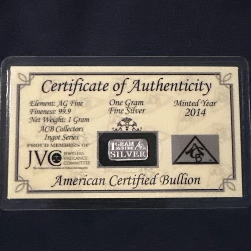 Mint  2014 ACB 1 Gram Bar .999 Fine with COA, GREAT Stocking Stuffer, HOT HOT 👀