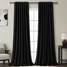 Black 100 Blackout Linen Curtains for Bedroom 102 Inches Long Back Tab Therm...