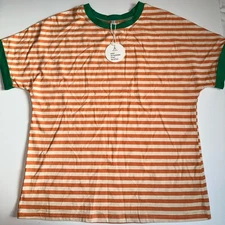 Anrabess Women’s Striped T-Shirt Orange White Green Trim Short Sleeve NWT Size M