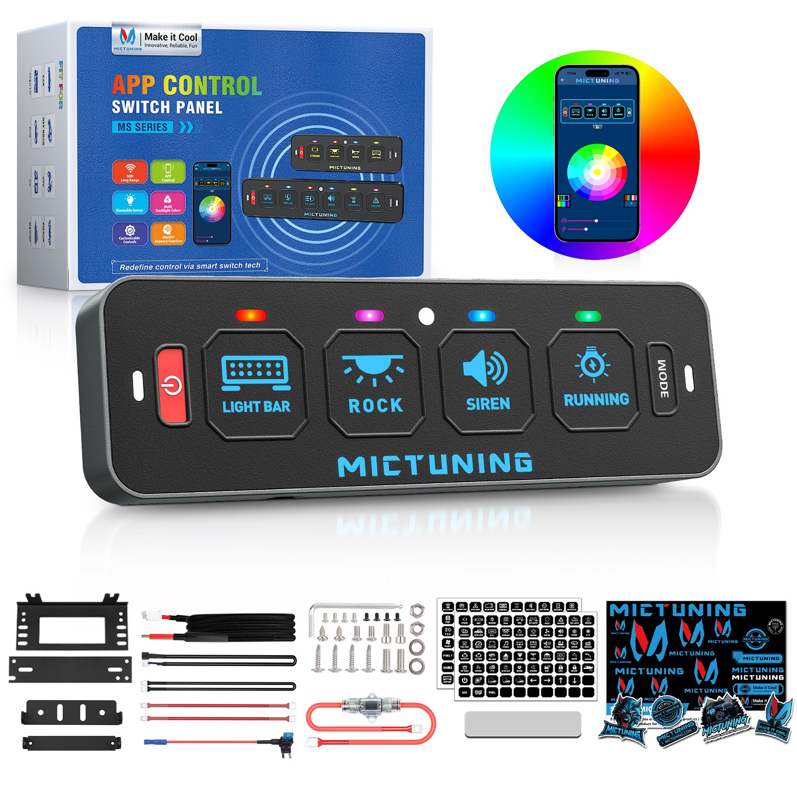 App Control RGB Switch Panel Circuit Relay System Rechargeable for SUV Off Road
