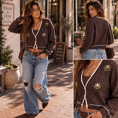 Buffalo Cottagecore L Brown Floral Embroidered Cardigan Soft Cozy Boho Whimsical