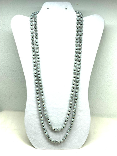 Long Silver Gray Faceted Glass Bead Necklace Black Thread Knotted 56"