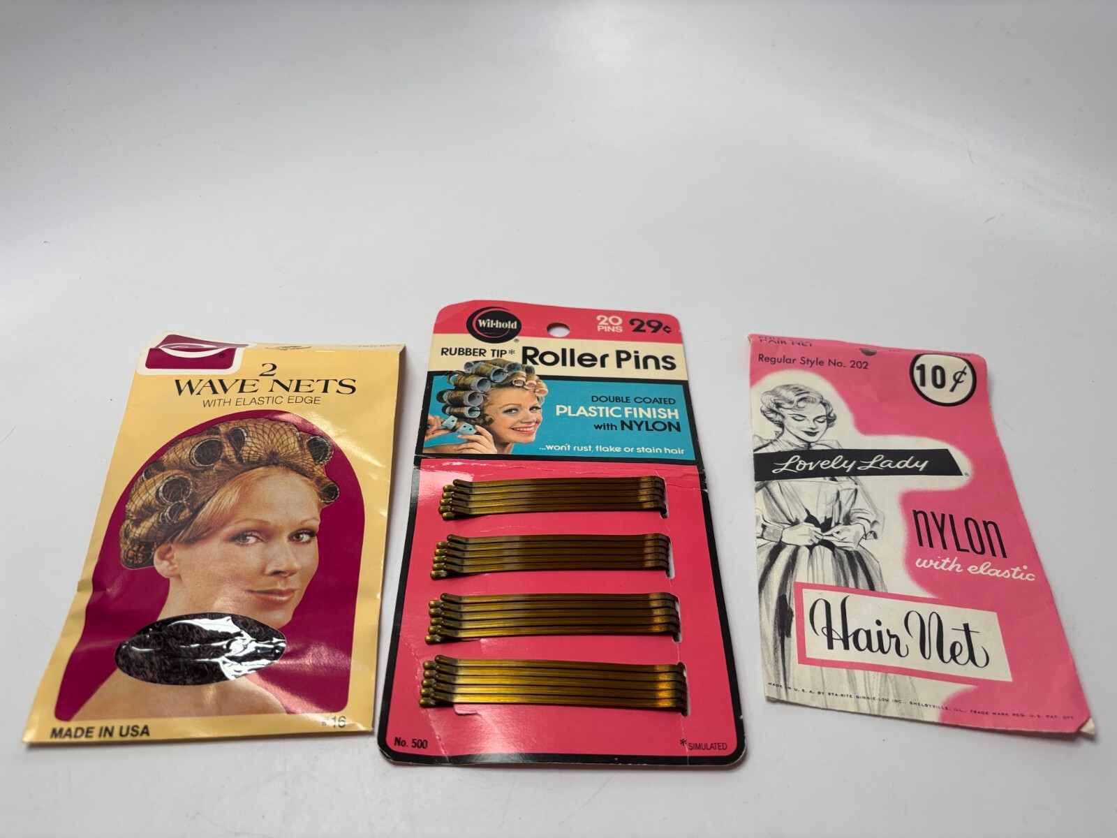 Lot Vintage Hair Style Net Goody Wil Hold Rubber Tip Roller Pins w/ Card MCM Ret