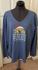 LIFE IS GOOD Blue w/ Dog w/ Santa Hat V-Neck Long Slv Christmas T-Shirt XL