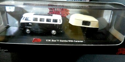 VW Bus T1 Samba, Black/ White 1:87 Scale with Caravan by  Malibu International