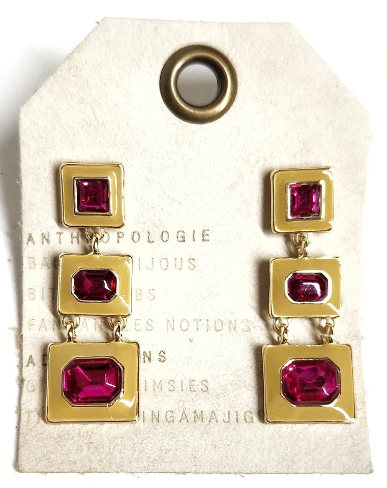 Pendientes colgantes Anthropologie triple cuadrado tostado fucsia enchapados en oro múltiple nuevos con etiquetas Foto 2 de 4