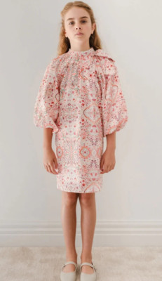 PETITE AMALIE GIRL'S DRESS 10 PINK PAISLEY  FLORAL 3/4 BALLOON SLEEVES BOW NECK