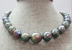 huge 18"12-15mm south sea  black peacock green pearl necklace 14k 8808AAA