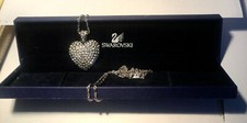 SWAROVSKI SWAN LOGO SIGNED HEART RHINESTONE PENDANT AND CHAIN JAPANNED FINISH