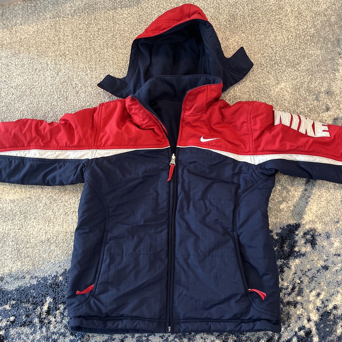Vintage Nike Red and Blue Embroidered Youth Reversible Puffer 