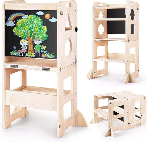 4-In-1 Toddler Kitchen Step Stool, Foldable Learning Standing Tower with Blackbo - Picture 8 of 12