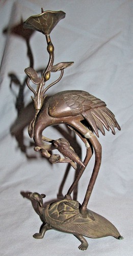 VINTAGE JAPANESE BRONZE CANDLESTICK - CRANE ON DRAGON TURTLE WITH LOTUS FLOWERS