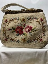 Rare Needlepoint 1950  s Rose Flower Design Purse, made in Hong Kong