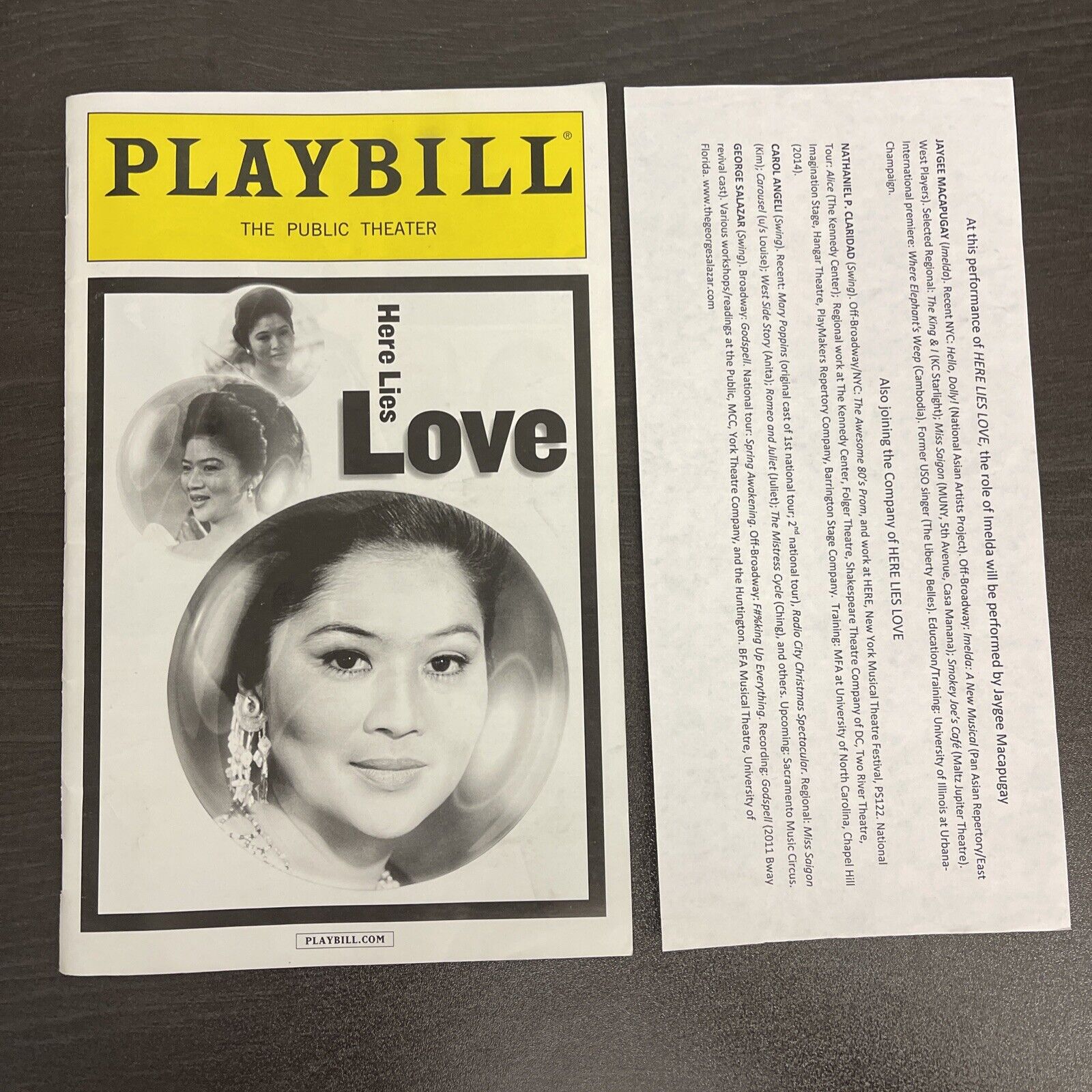 HERE LIES LOVE Off-Broadway PUBLIC Playbill & Understudy Slip: J