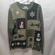 Croft  Barrow christmas sweater green full zip cardigan womens XL