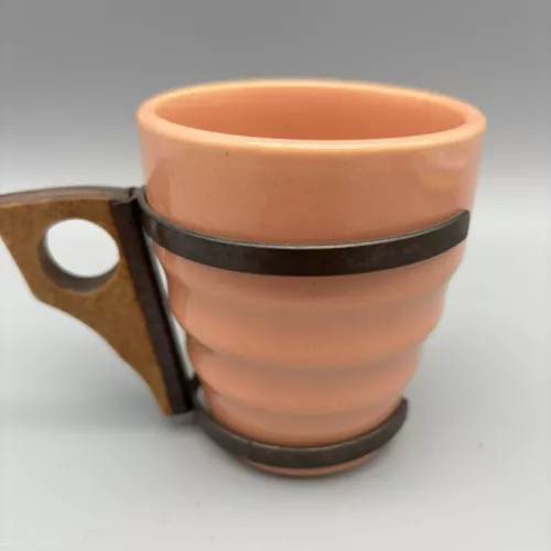 Bauer Pottery Look Alike Wood Mug / Cup Peach Ringed Cup Glass w Holder MCM