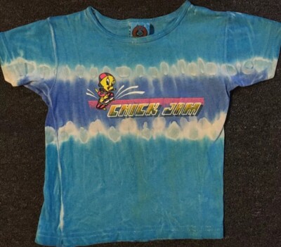 Vtg 90s Kids Tweety Chick Jam Faded AOP Shirt M Skate Beach Cartoon Funny Grunge
