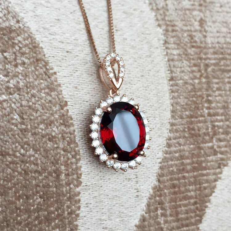 2Ct Oval Cut Red Ruby Diamond Lab-Created Halo ChainPendant 14K Rose Gold Plated - Image 4 of 4