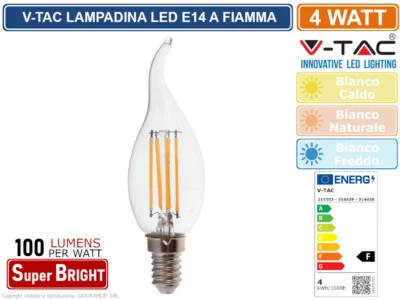 V-TAC VT-1997 LAMPADINA LED E14 4W CANDELA FIAMMA FILAMENTO VETRO 400 LUMEN