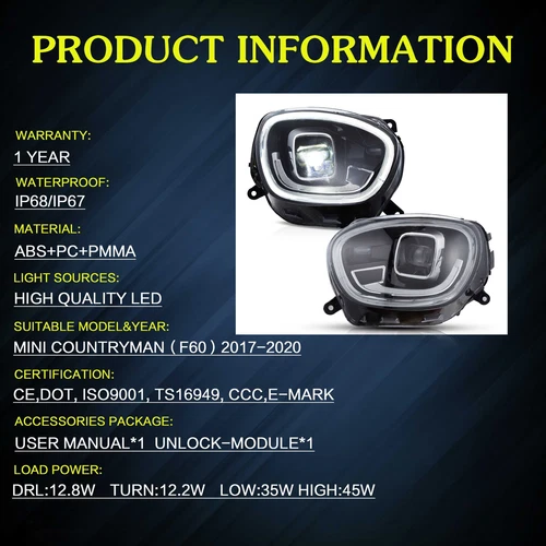 VLAND Headlights Fit Mini Cooper Countryman F60 2017-2020 LED DRL W/Animation *2 - Picture 4 of 13