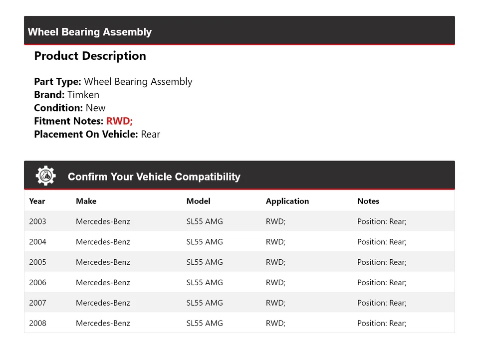 Conjunto de cojinete de rueda trasero Timken 2004 para Mercedes-Benz SL55 AMG 2003-2008 tracción trasera Foto 2 de 4