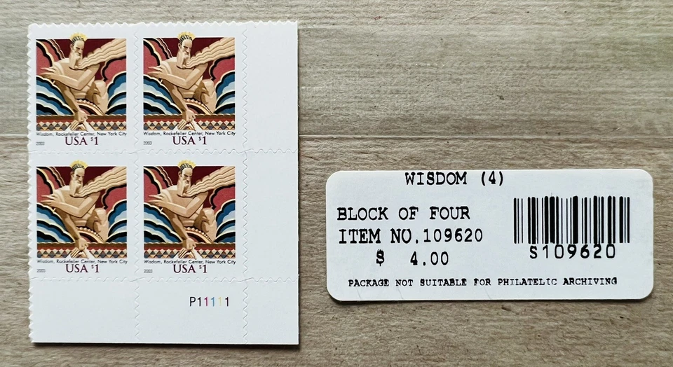 US Scott 3766 $1.00 2003 Wisdom Rockefeller Center Plate Block P11111 VF-MNH - Image 2 of 2