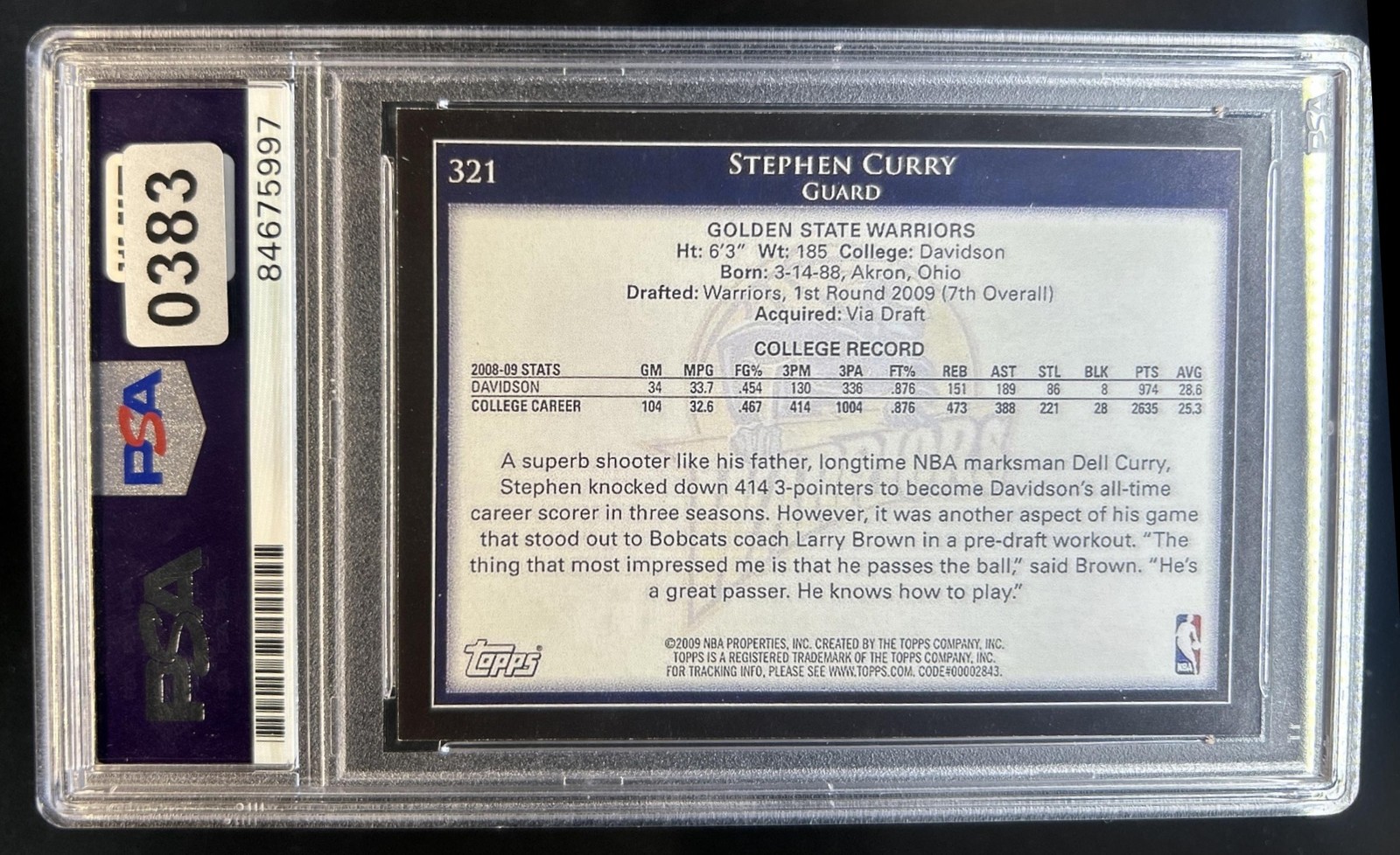 2009-10 Topps Stephen Curry Rookie Auto Autograph RC #321 PSA Authentic view 2