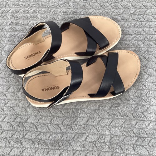 Sonoma Girls Black Strappy Buckle Sandals Flat Open Toe Size 3 Textile Lining - Picture 3 of 6
