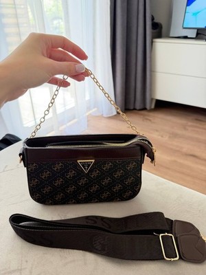 GUESS Monogram Mini Shoulder Bag Brown Logo Chain Strap Crossbody Bag
