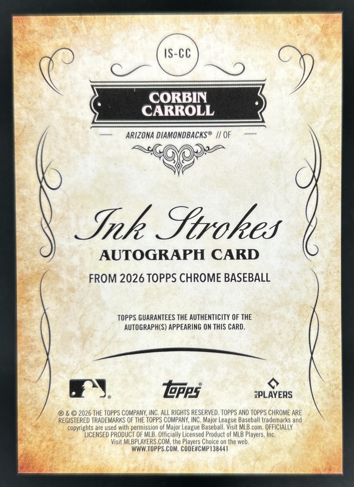 2026 Topps Chrome Corbin Carroll Ink Strokes Auto Gold Refractor SP #/50 view 2
