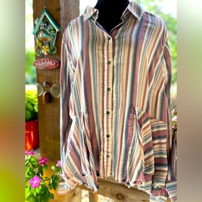 True Craft Plus Southern Boho Striped Tiered Frayed Hem Button Shirt NWT Plus 2X