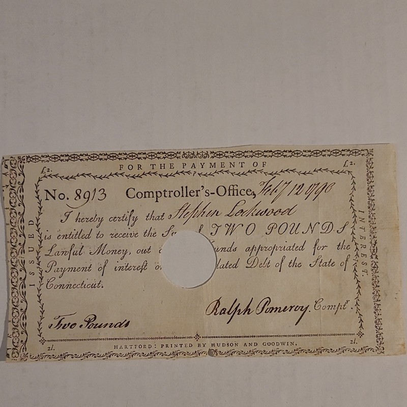 Connecticut Comptroller’s Office Colonial Currency Two Pounds Note #8913 1778