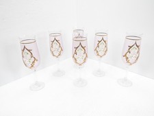 Vintage Venetian Style Pink Frosted Champagne Flutes Set of 6 Gold Raised Floral