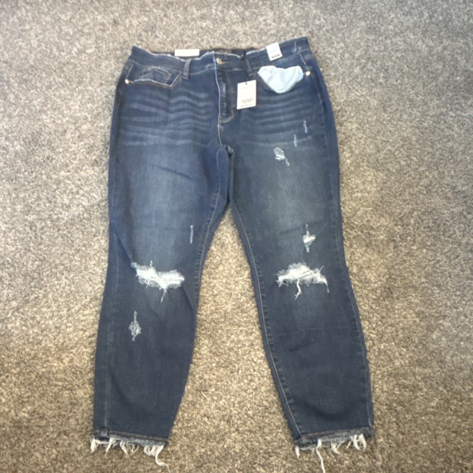 Distressed Stretch Raw Hem Dark Blue Denim