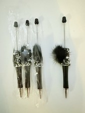 4 pc decorated beaded DIY pens black with black fur