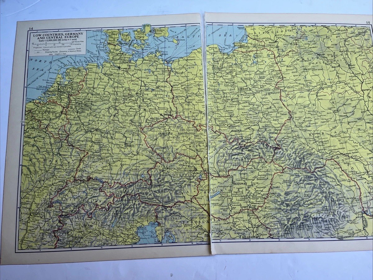 1960: Mapa de Países Bajos Alemania y Europa Central Vintage Original OD #14/15