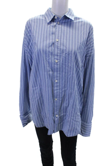 Balenciaga Women's Collared Long Sleeves Button Down Blue Striped Shirt Size 38