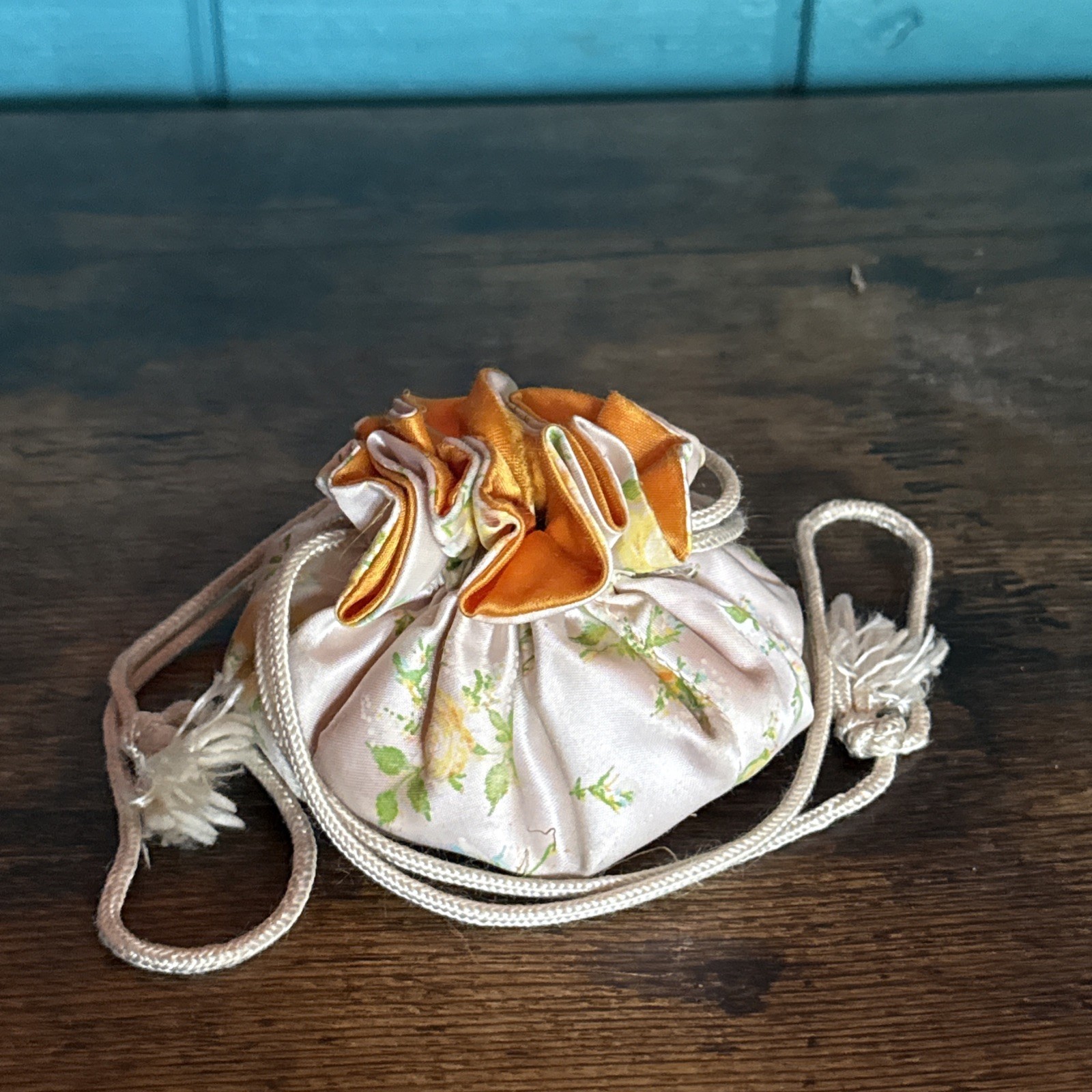 White/Orange Silk Drawstring Tiny Makeup Bag - image 9