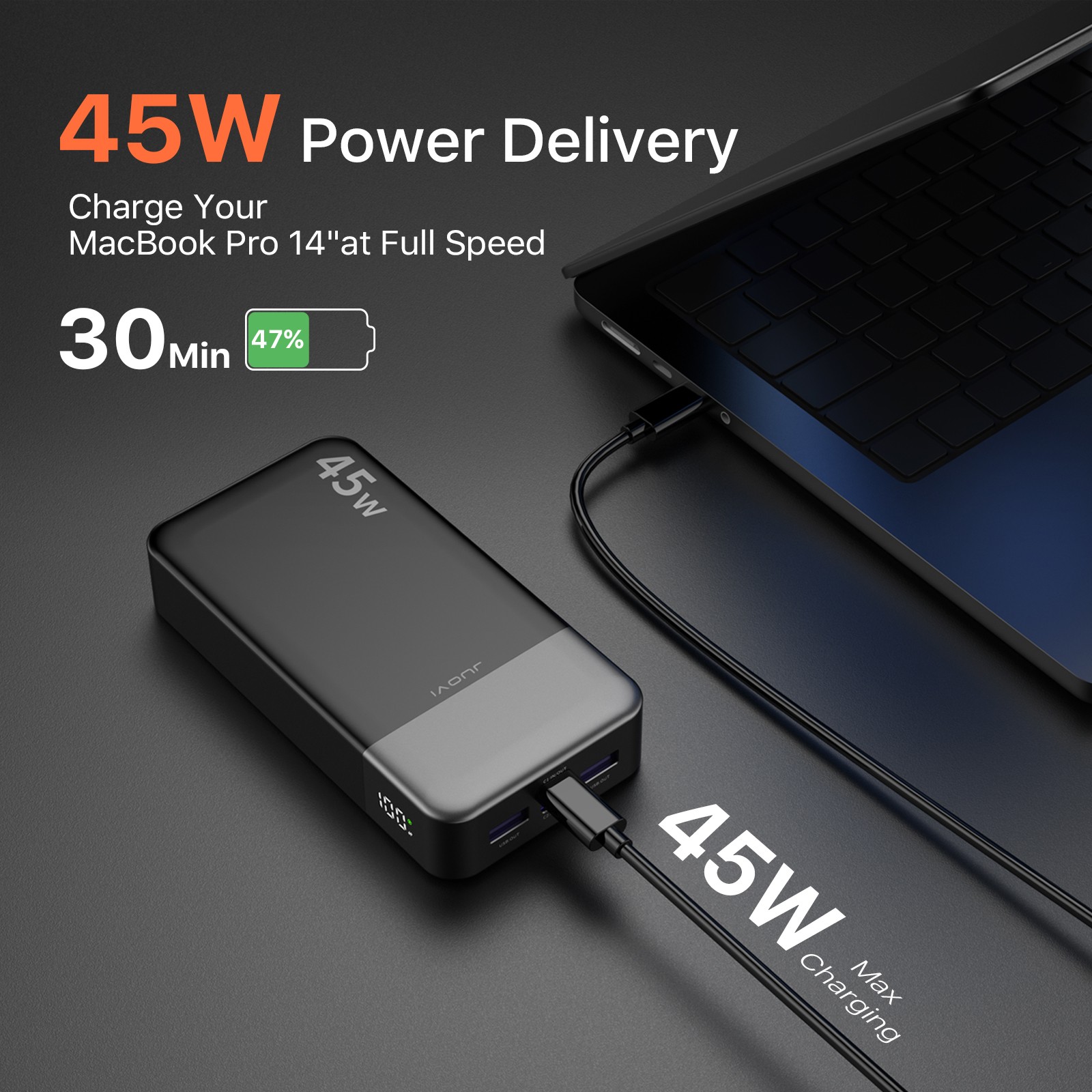 45w power bank portable charger 20000mah +usb-c/usb-a for iphone 15 16, macbook