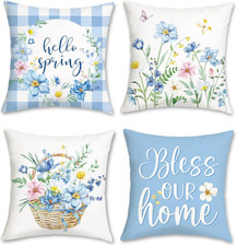 Spring Floral Throw Pillow Covers 18 x 18 Inch Hello Spring Blue Flowers Butterf