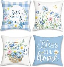 Spring Floral Throw Pillow Covers 18 x 18 Inch Hello Spring Blue Flowers Butterf
