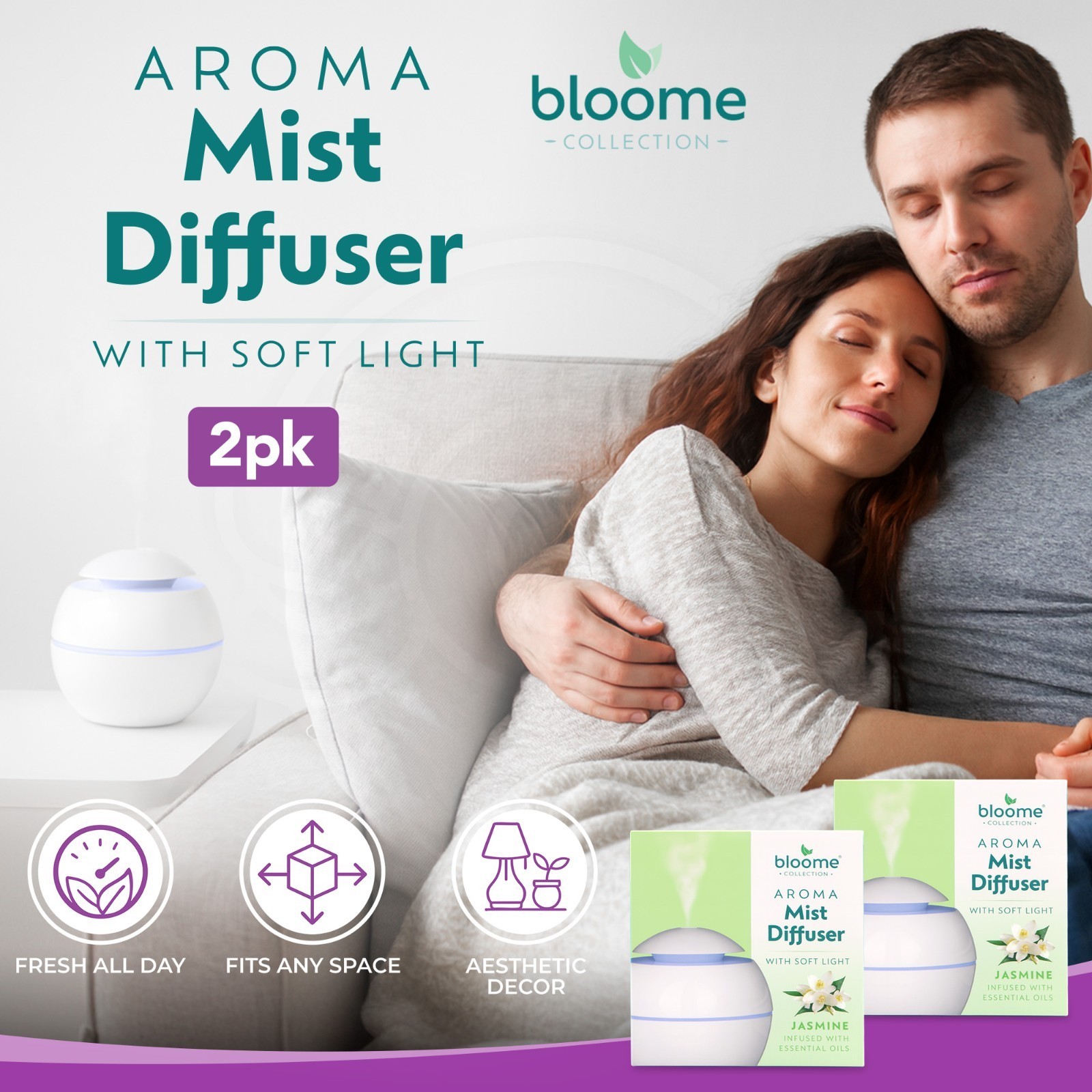 2pk Round Aroma Mist Jasmine Essential Oil Diffusers For Home Aromatherapy USB