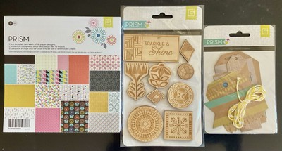 RARE Basic Grey PRISM 6x6 Paper Pad, Wood Die Cuts & Tags NEW NIP BasicGrey