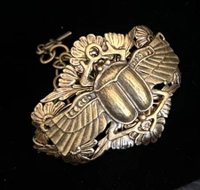 Scarab Bracelet Egyptian Revival Beetle Wide Brass Filigree Cuff